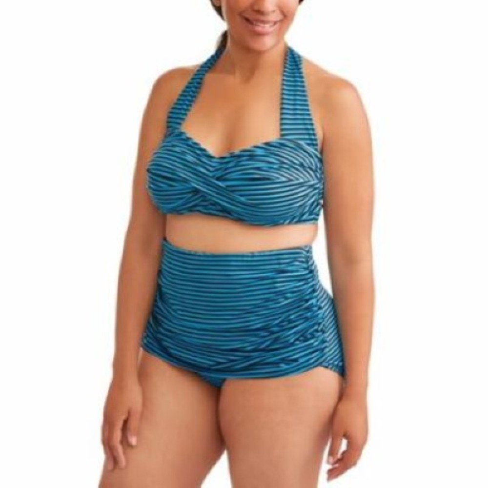 New Simply Slim Tummy Tuck Control Size 2x (18w-20w) 2 piece Swimsuit Blue Black